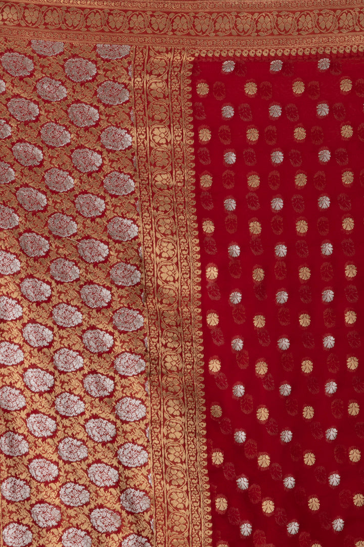 Red Banarasi Pure  Khaddi Georgette Saree With Golden Silver  Zari Weaving Buttis