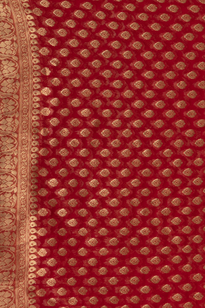 Red Banarasi Pure  Khaddi Georgette Saree With Golden Silver  Zari Weaving Buttis