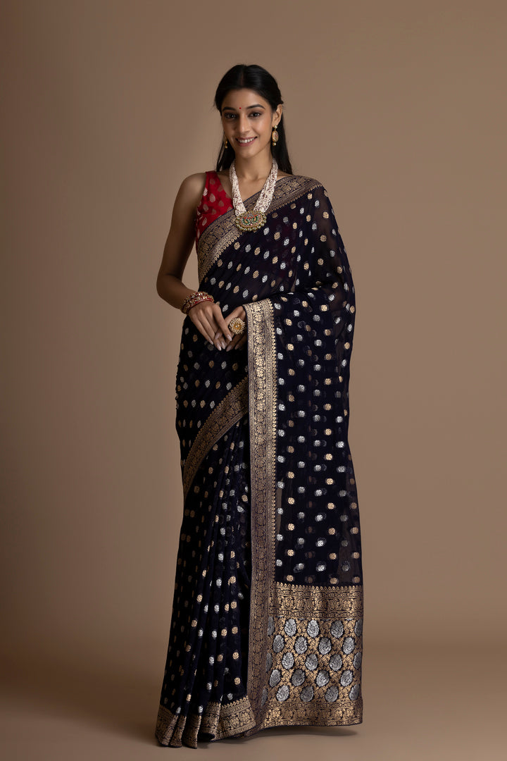 Blue  Banarasi Pure  Khaddi Georgette Saree With Golden Silver  Zari Weaving Buttis