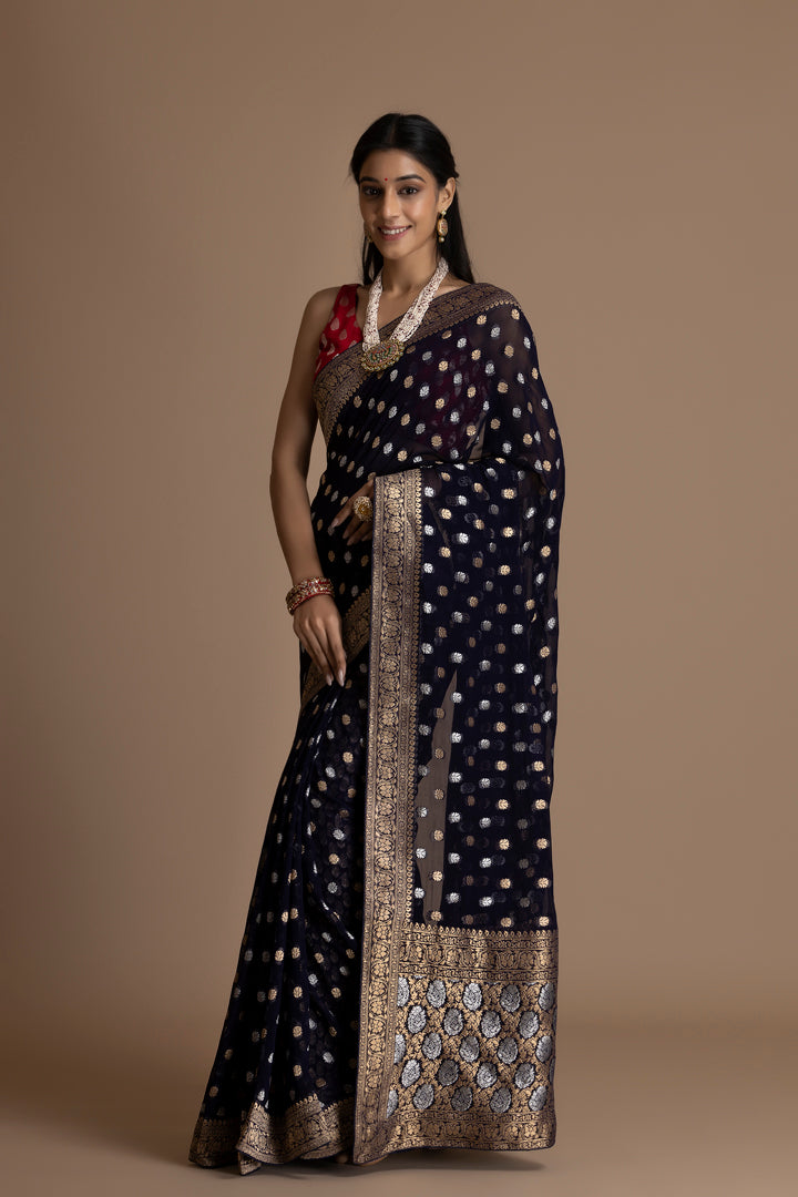 Blue  Banarasi Pure  Khaddi Georgette Saree With Golden Silver  Zari Weaving Buttis
