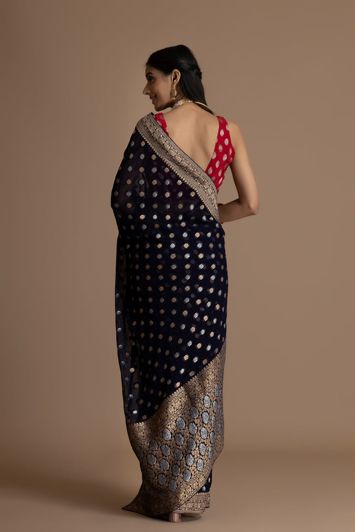 Blue  Banarasi Pure  Khaddi Georgette Saree With Golden Silver  Zari Weaving Buttis