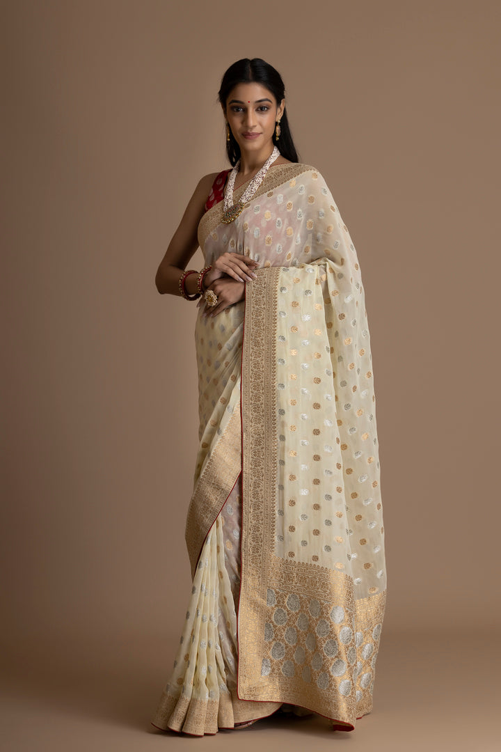 Offwhite Banarasi Pure  Khaddi Georgette Saree With Golden Silver  Zari Weaving Buttis