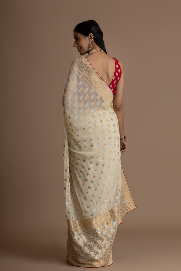 Offwhite Banarasi Pure  Khaddi Georgette Saree With Golden Silver  Zari Weaving Buttis
