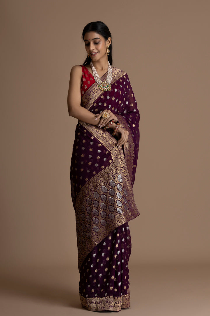 Wine  Banarasi Pure  Khaddi Georgette Saree With Golden Silver  Zari Weaving Buttis