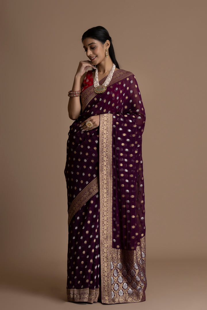Wine  Banarasi Pure  Khaddi Georgette Saree With Golden Silver  Zari Weaving Buttis