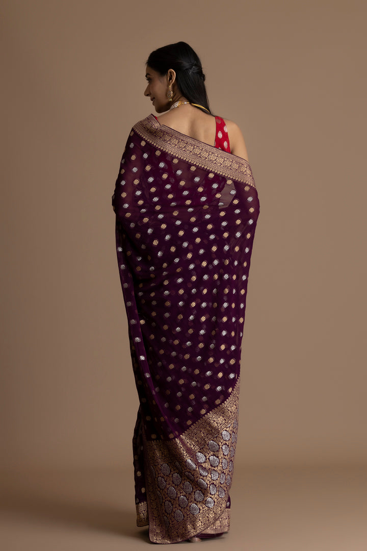 Wine  Banarasi Pure  Khaddi Georgette Saree With Golden Silver  Zari Weaving Buttis