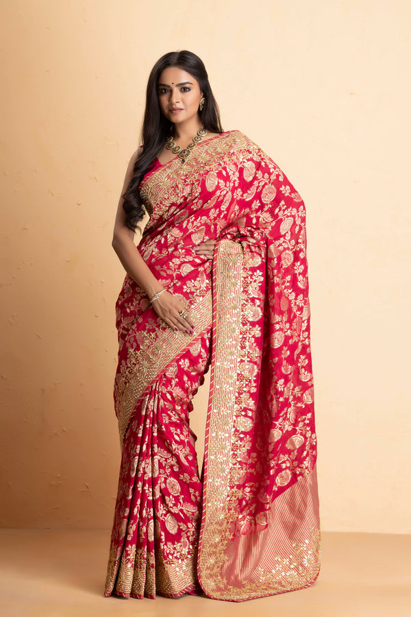 Magenta Pink  Banarasi Pure  Khaddi Georgette Saree Embellished  With Gota Patti Work