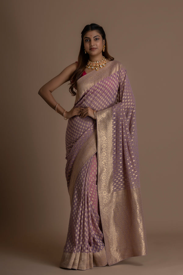 Onion Pink Banarasi Pure  Khaddi Georgette Saree With Zari Weaving Buttis