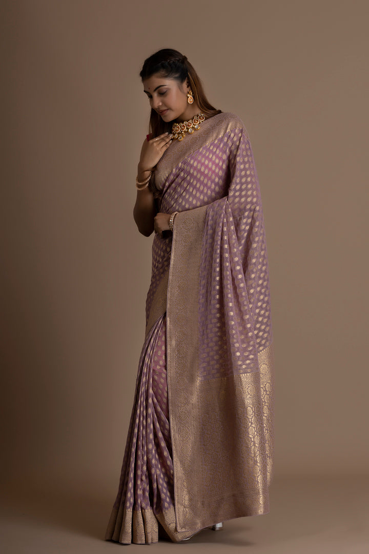 Onion Pink Banarasi Pure  Khaddi Georgette Saree With Zari Weaving Buttis