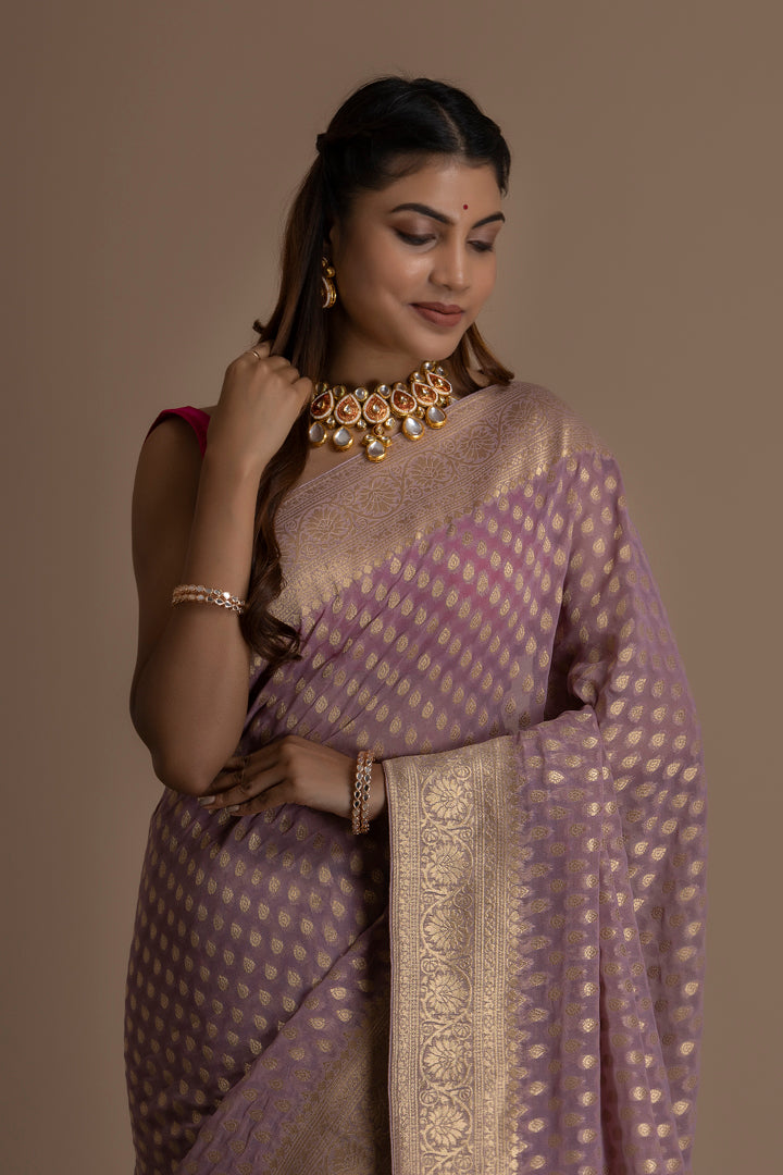 Onion Pink Banarasi Pure  Khaddi Georgette Saree With Zari Weaving Buttis