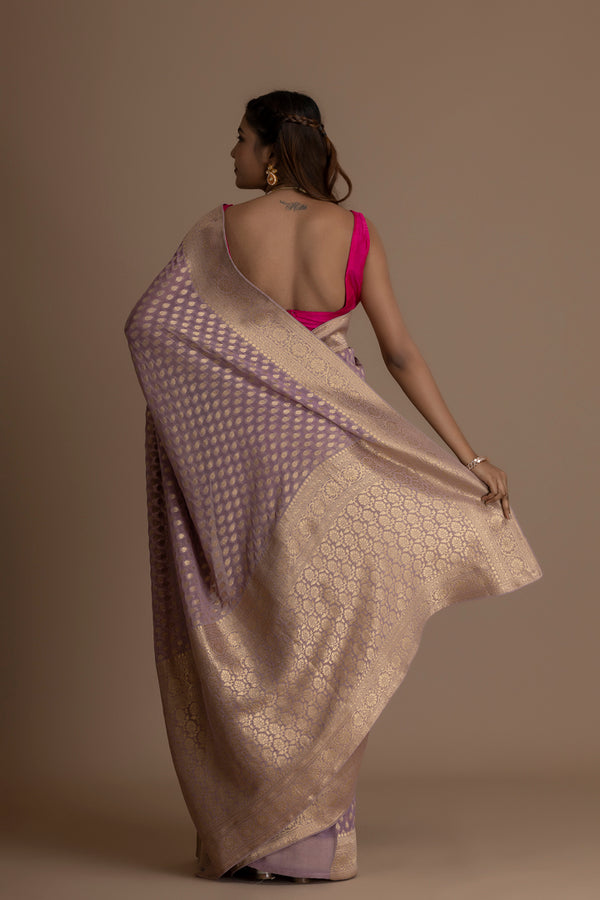 Onion Pink Banarasi Pure  Khaddi Georgette Saree With Zari Weaving Buttis