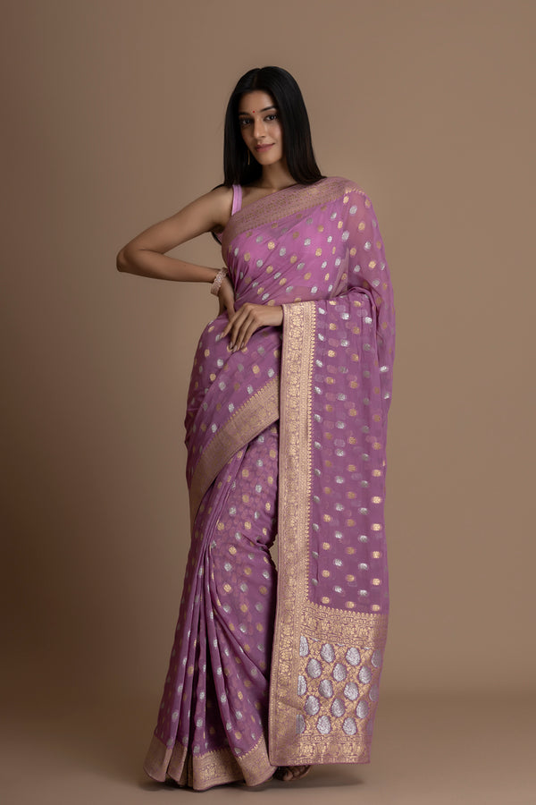 Purple Banarasi Pure  Khaddi Georgette Saree With Golden Silver  Zari Weaving Buttis