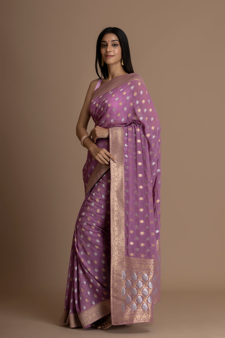 Purple Banarasi Pure  Khaddi Georgette Saree With Golden Silver  Zari Weaving Buttis