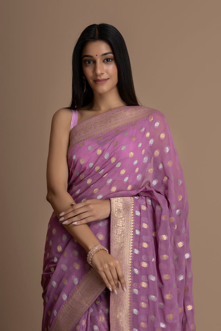 Purple Banarasi Pure  Khaddi Georgette Saree With Golden Silver  Zari Weaving Buttis