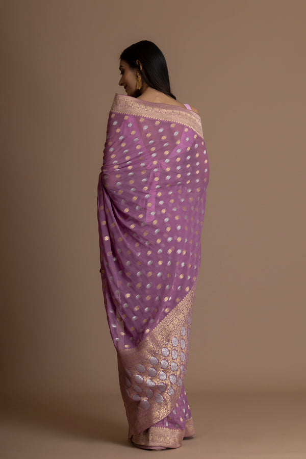 Purple Banarasi Pure  Khaddi Georgette Saree With Golden Silver  Zari Weaving Buttis