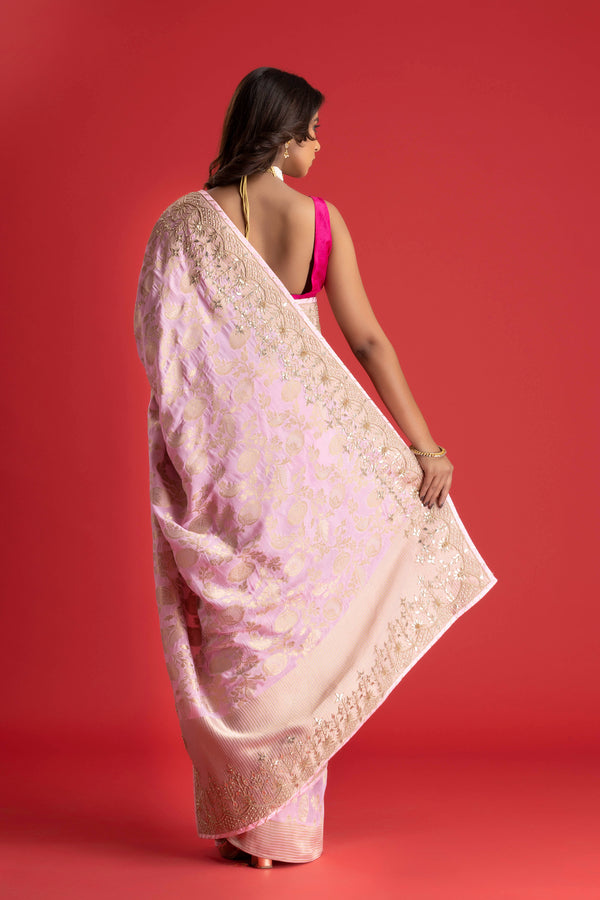 Powder  Pink  Banarasi Pure  Khaddi Georgette Saree Embellished  With Gota Patti Work