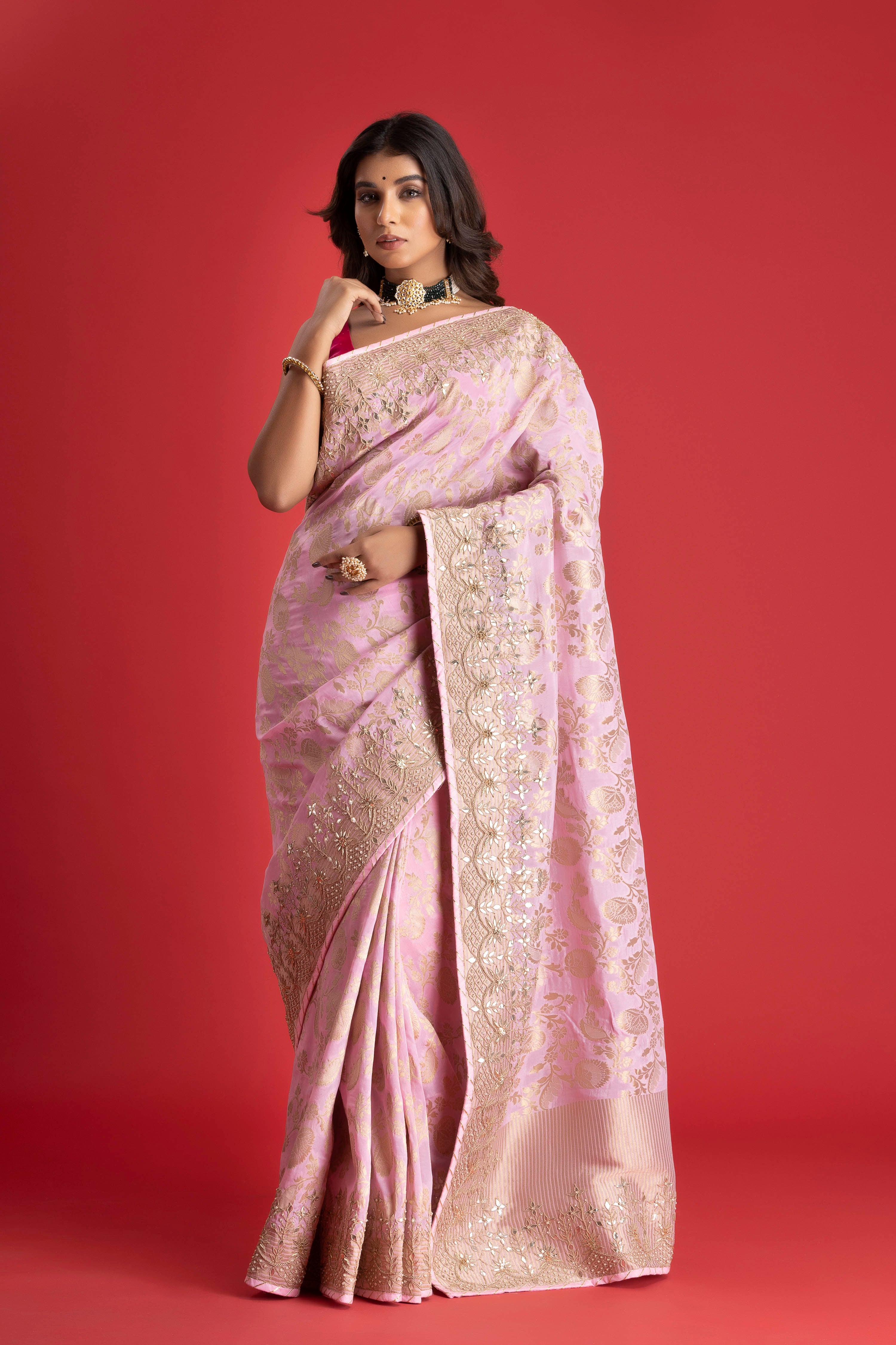 Powder  Pink  Banarasi Pure  Khaddi Georgette Saree Embellished  With Gota Patti Work