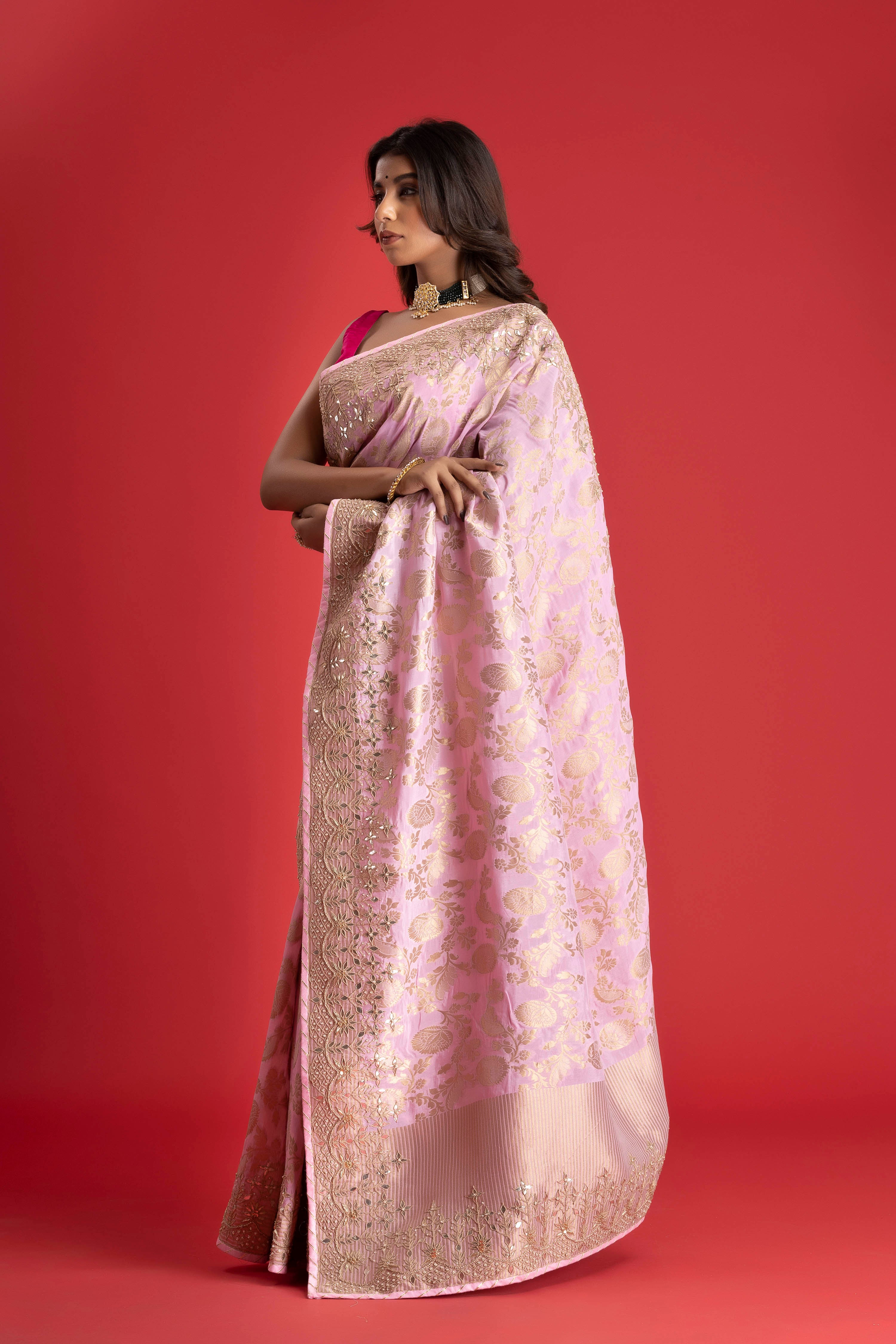Powder  Pink  Banarasi Pure  Khaddi Georgette Saree Embellished  With Gota Patti Work