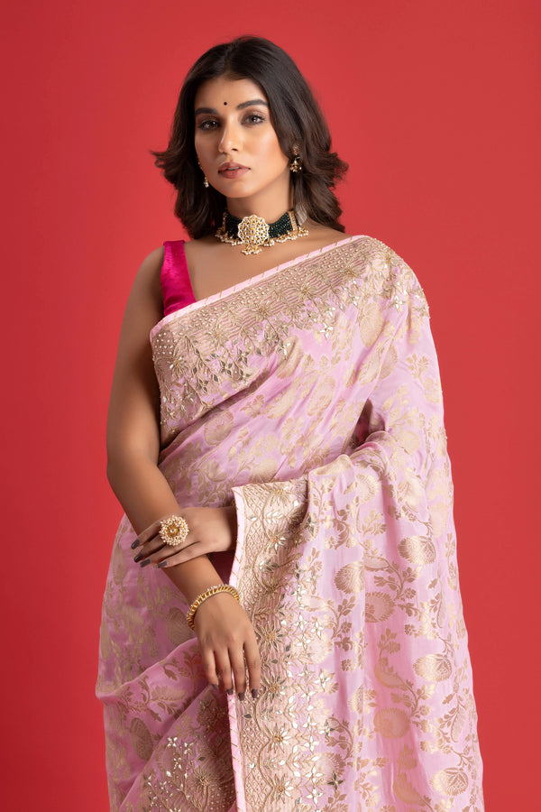 Powder  Pink  Banarasi Pure  Khaddi Georgette Saree Embellished  With Gota Patti Work