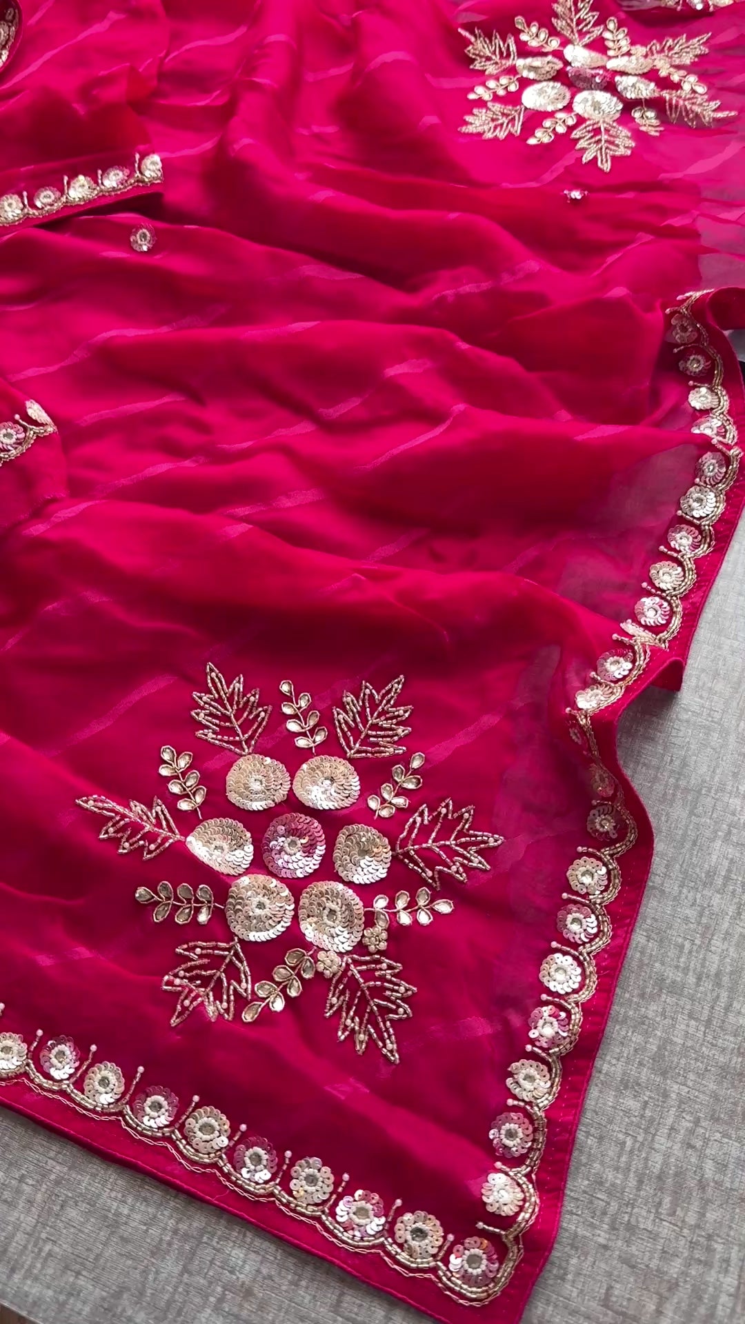 Rani Pink Leheriya Soft Organza Saree with Handcrafted Sequins & Aari Work