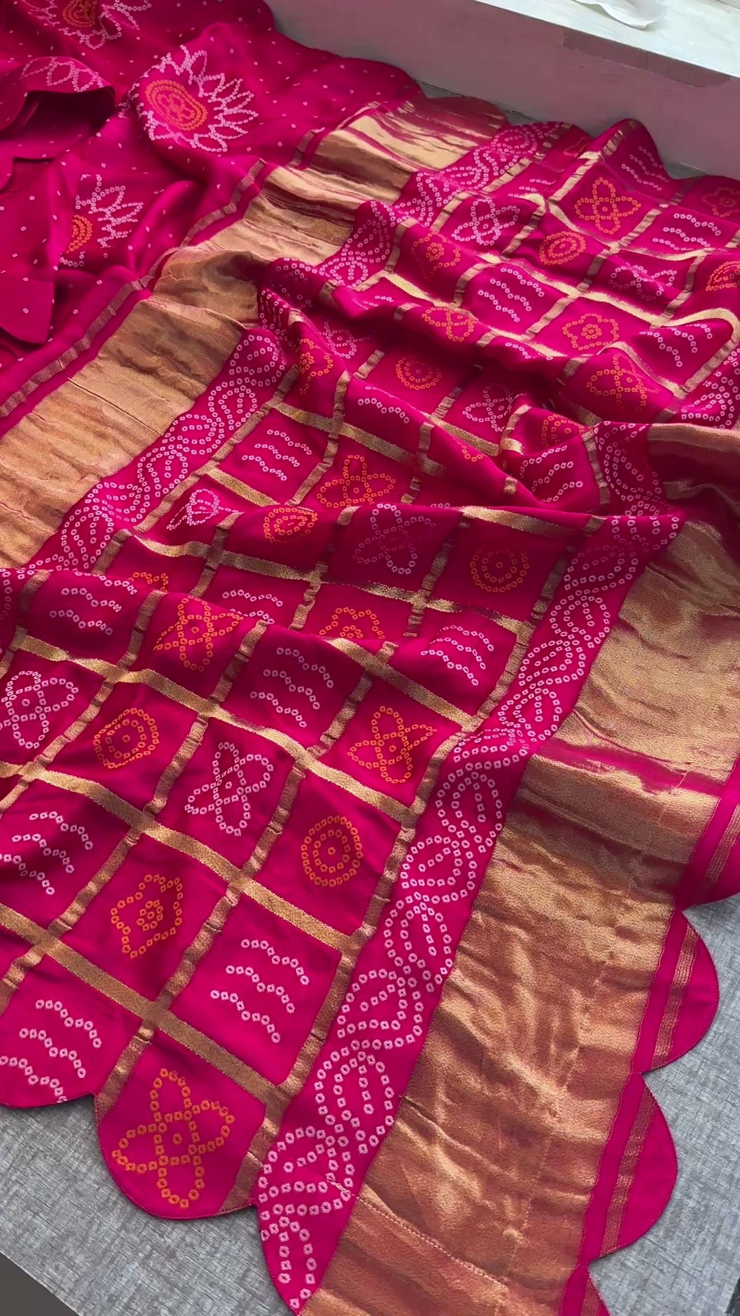 Pure Satin Silk Golden Bandhani weaving saree with lakdi patta