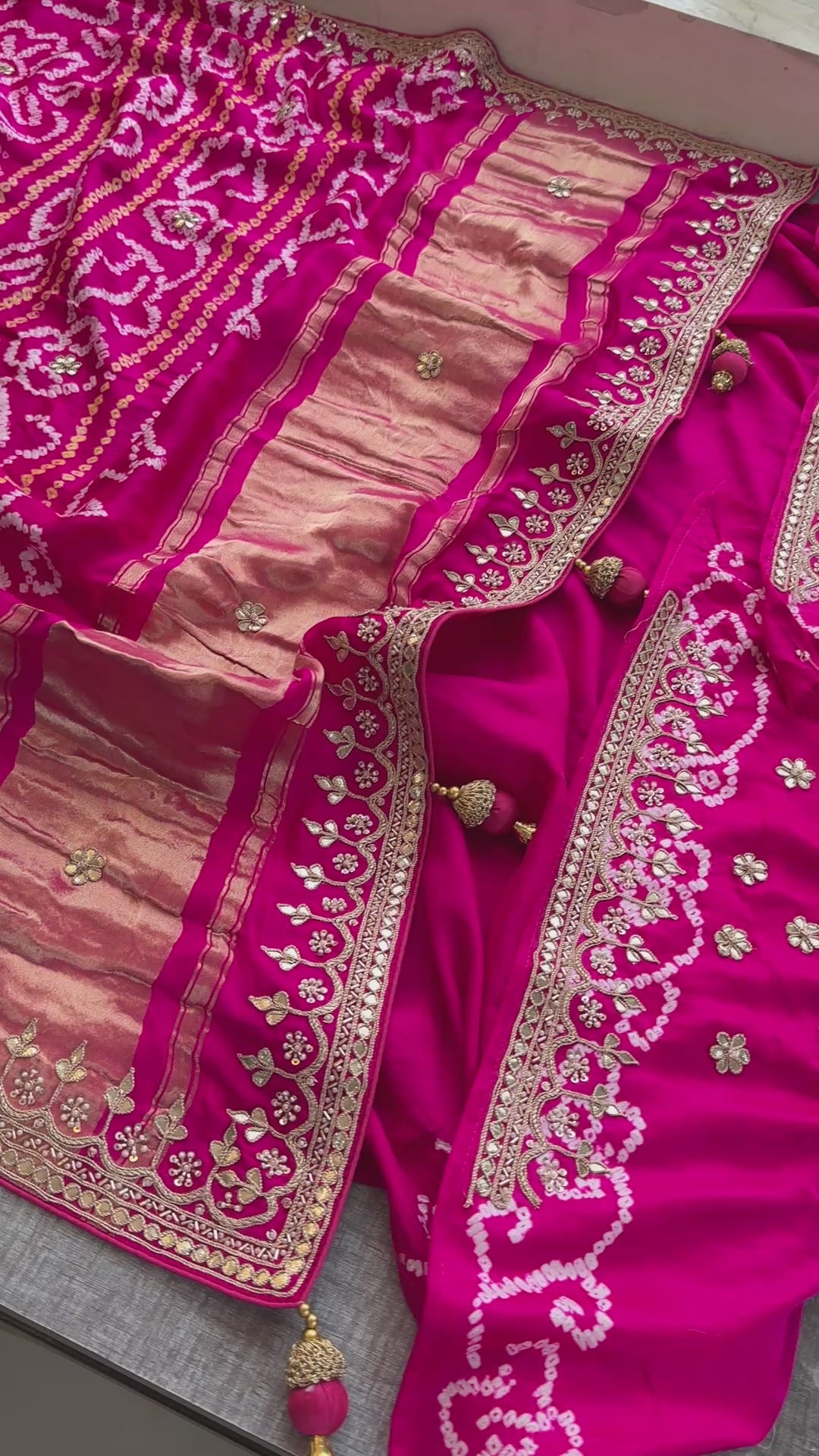 Pure Gajji Silk Bandhani Saree with Banana Wave Print & Handcrafted Gotapatti Aari Work