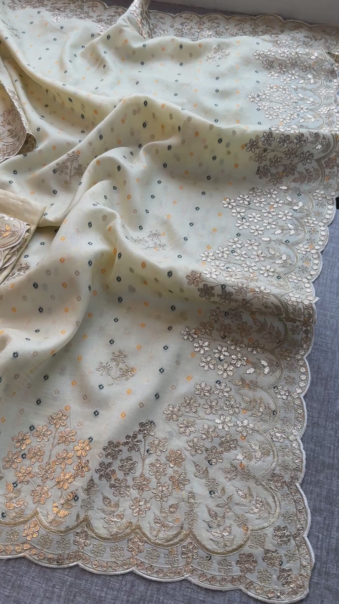 Off White Banarasi Pitta Work Saree | Pure Silk Saree | Designer Festive Wear Saree With Matching Blouse Piece