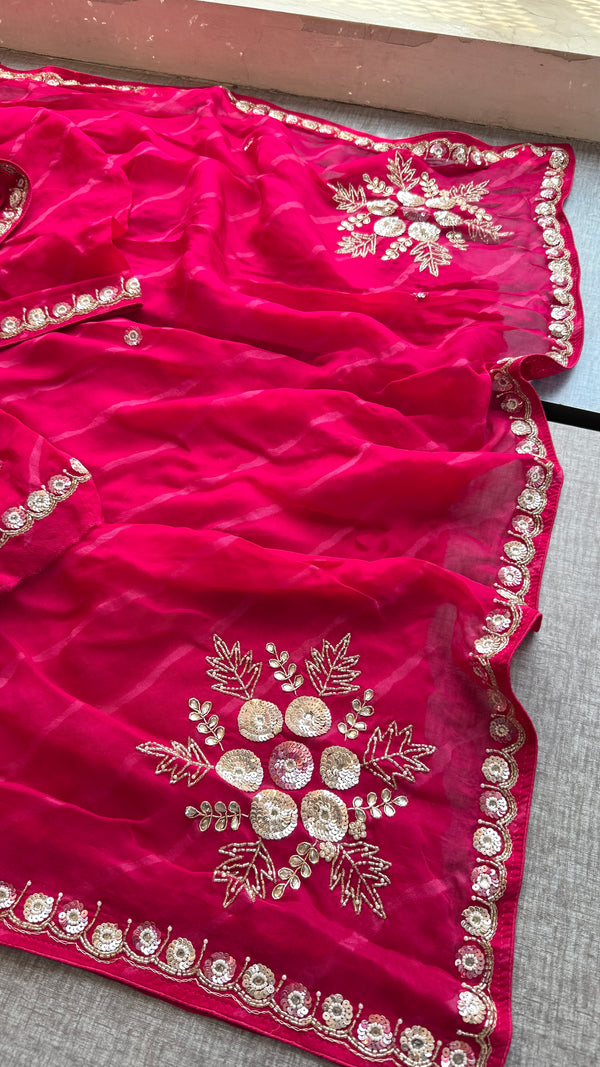Rani Pink Leheriya Soft Organza Saree with Handcrafted Sequins & Aari Work