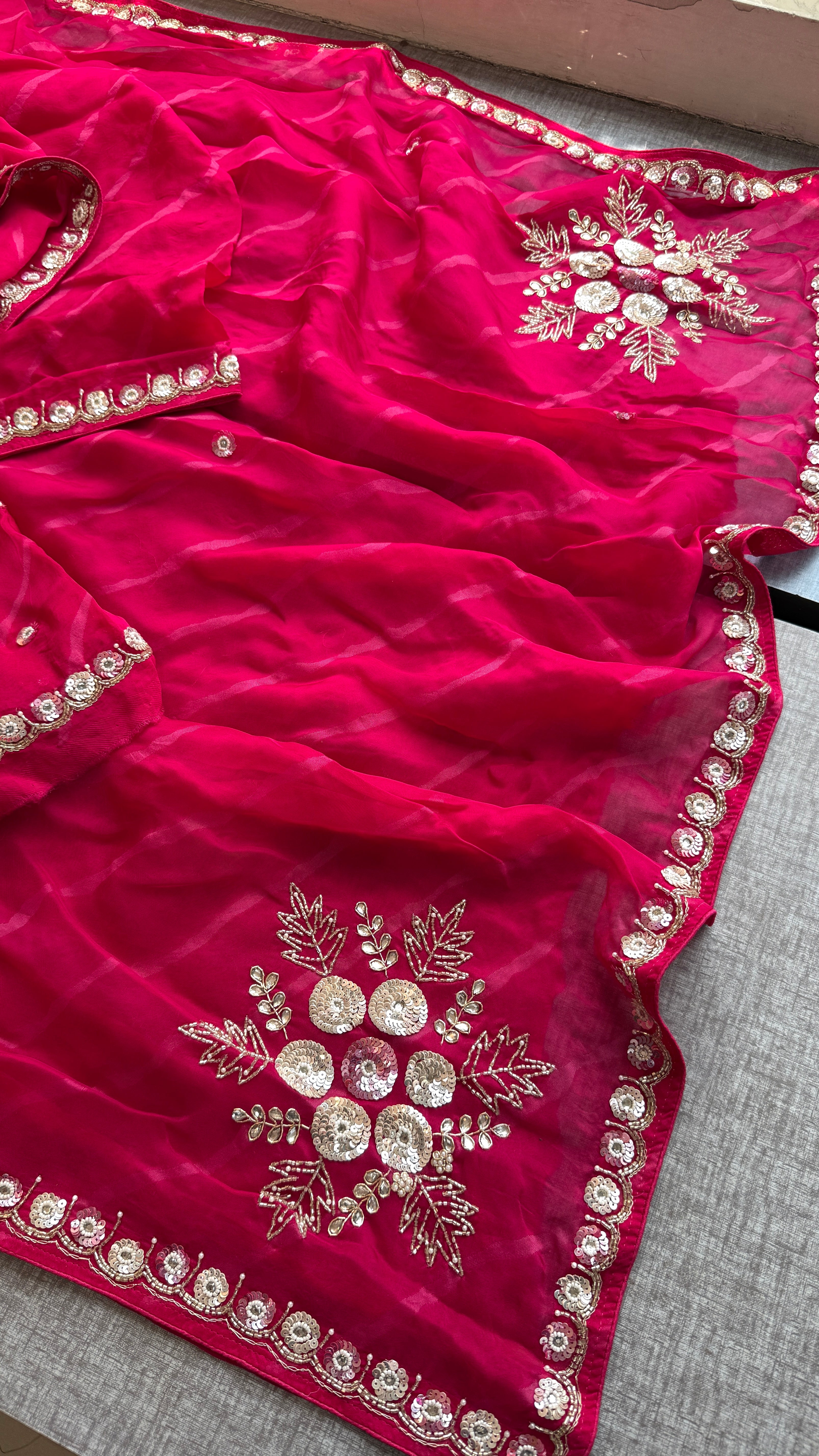 Rani Pink Leheriya Soft Organza Saree with Handcrafted Sequins & Aari Work