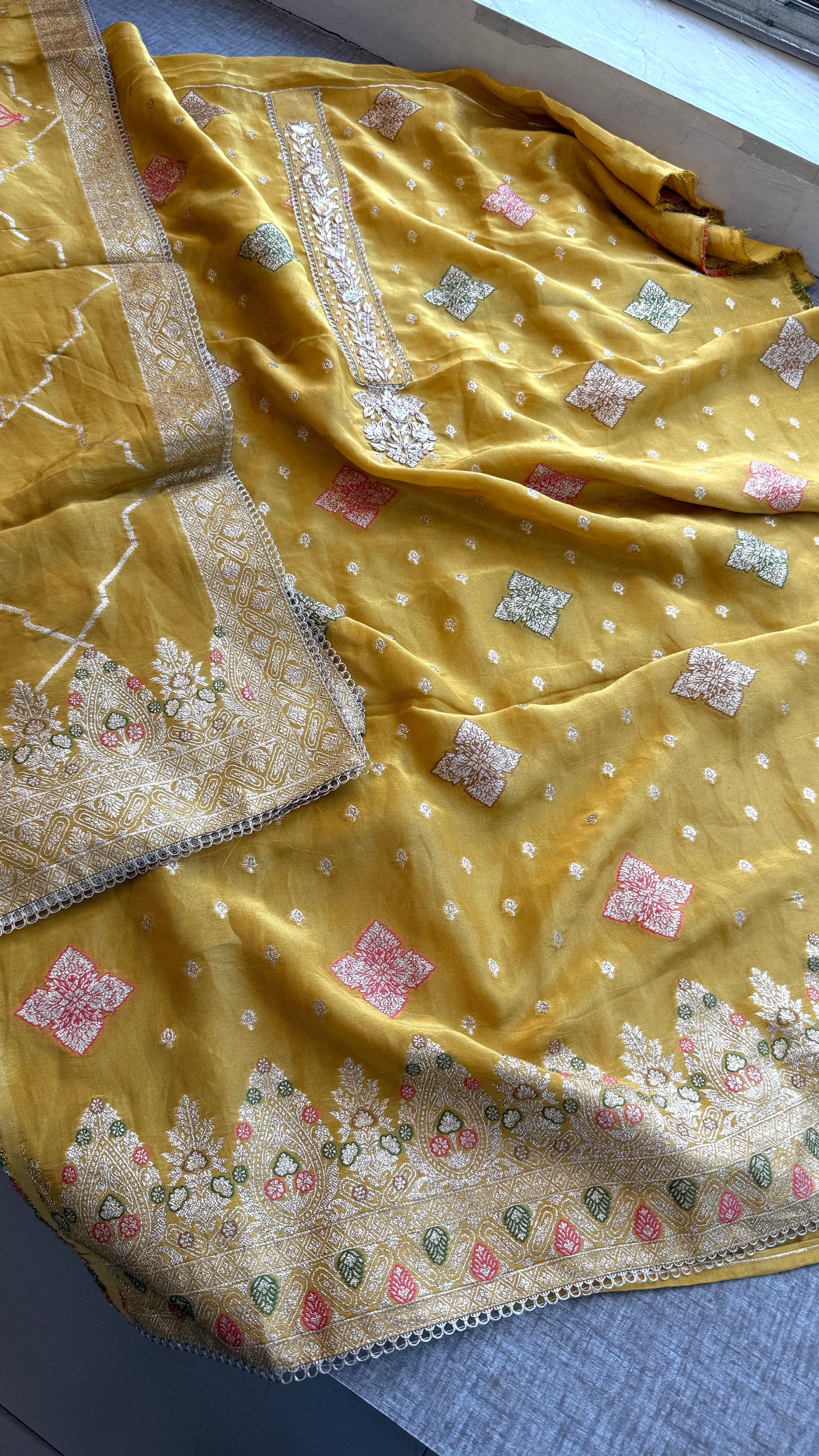 Pure Cosmo munga silk banarasi weaving suit with handwork