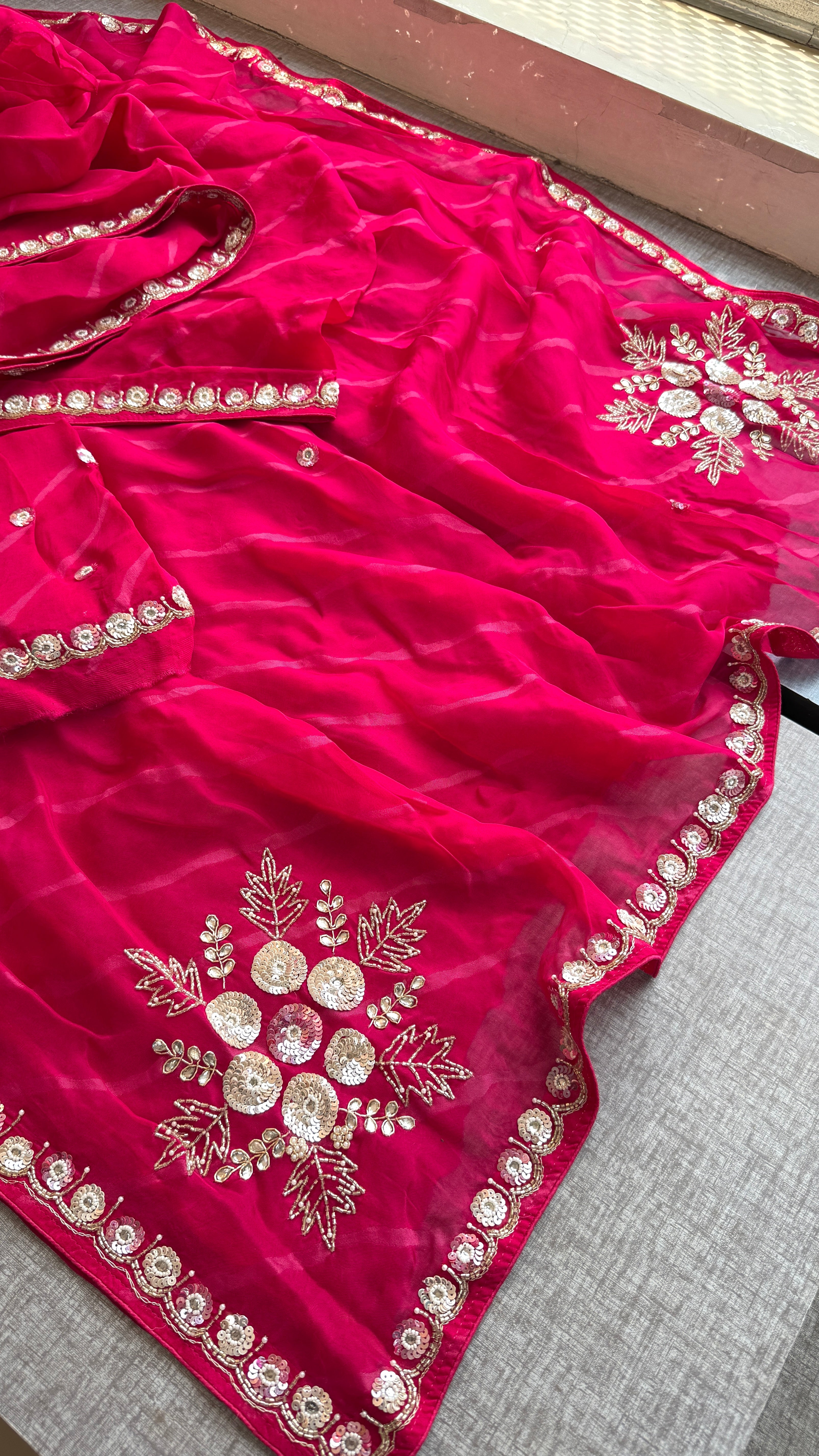 Rani Pink Leheriya Soft Organza Saree with Handcrafted Sequins & Aari Work