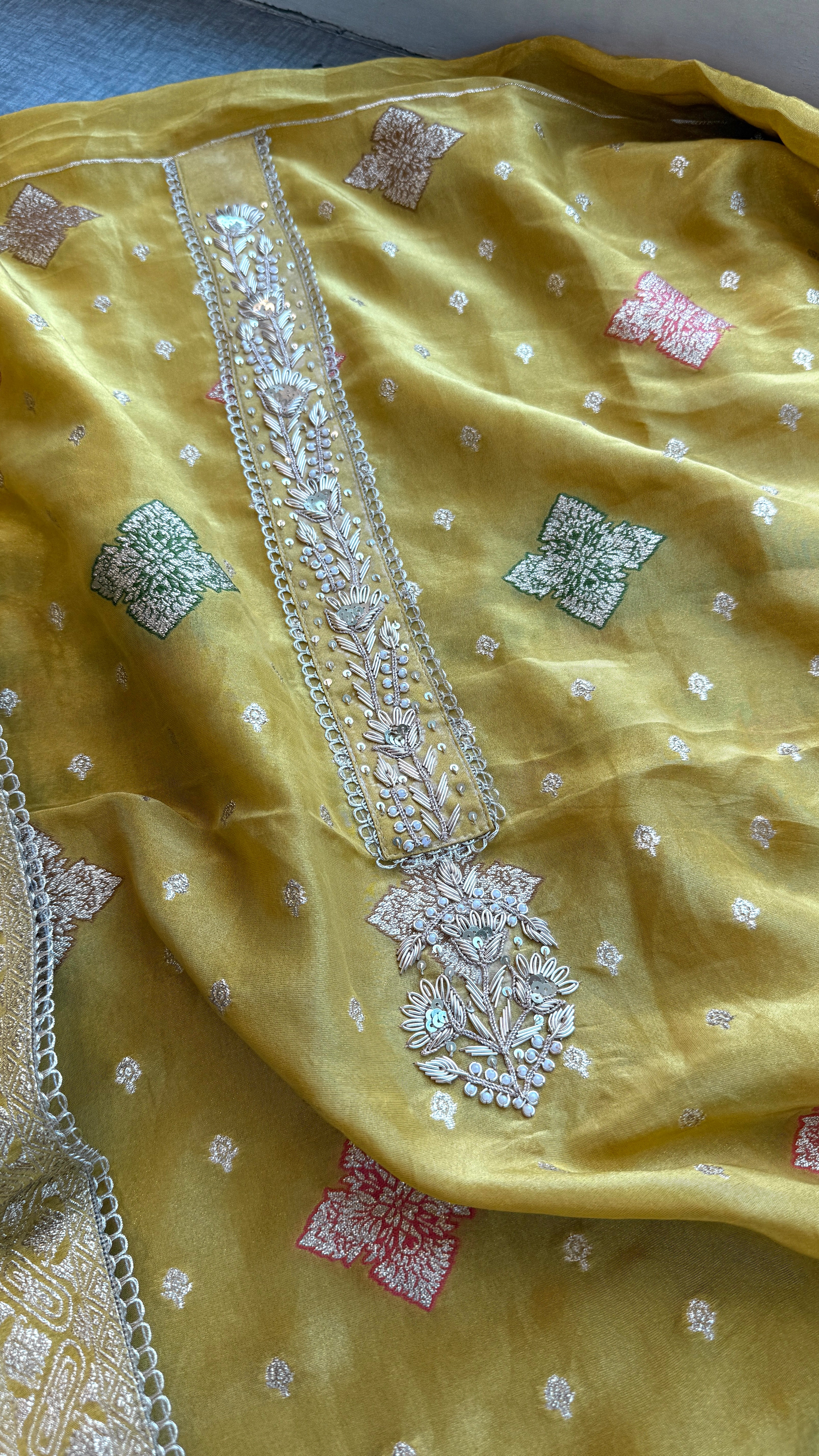 Pure Cosmo munga silk banarasi weaving suit with handwork