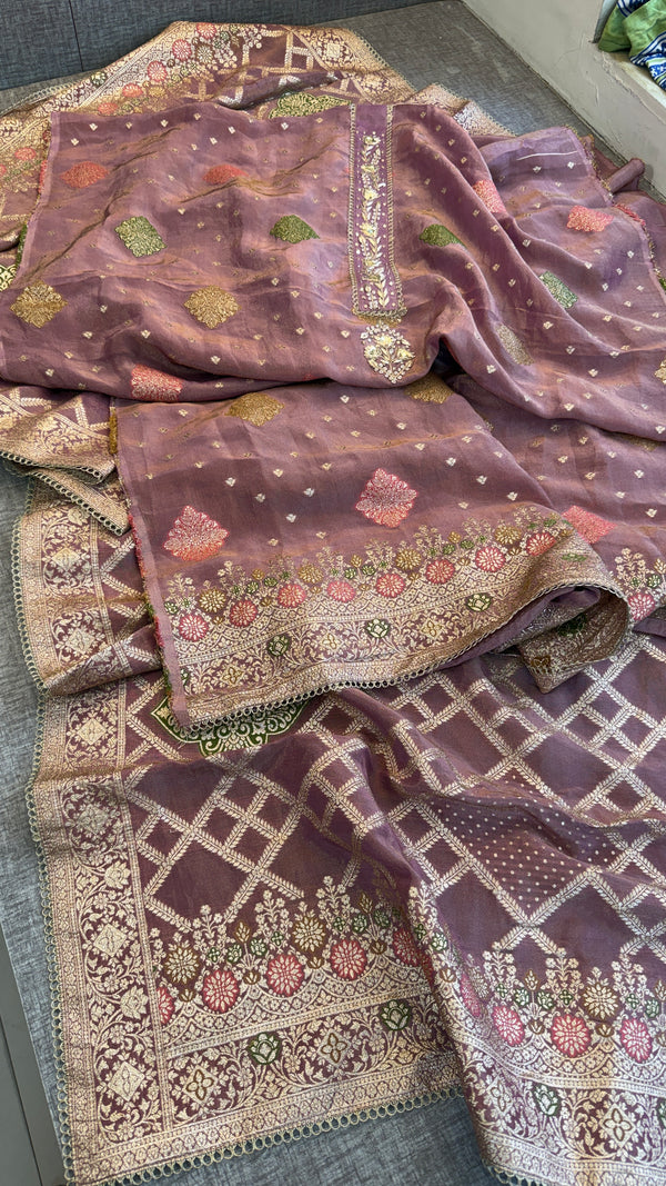 Pure Cosmo munga silk banarasi weaving suit with handwork