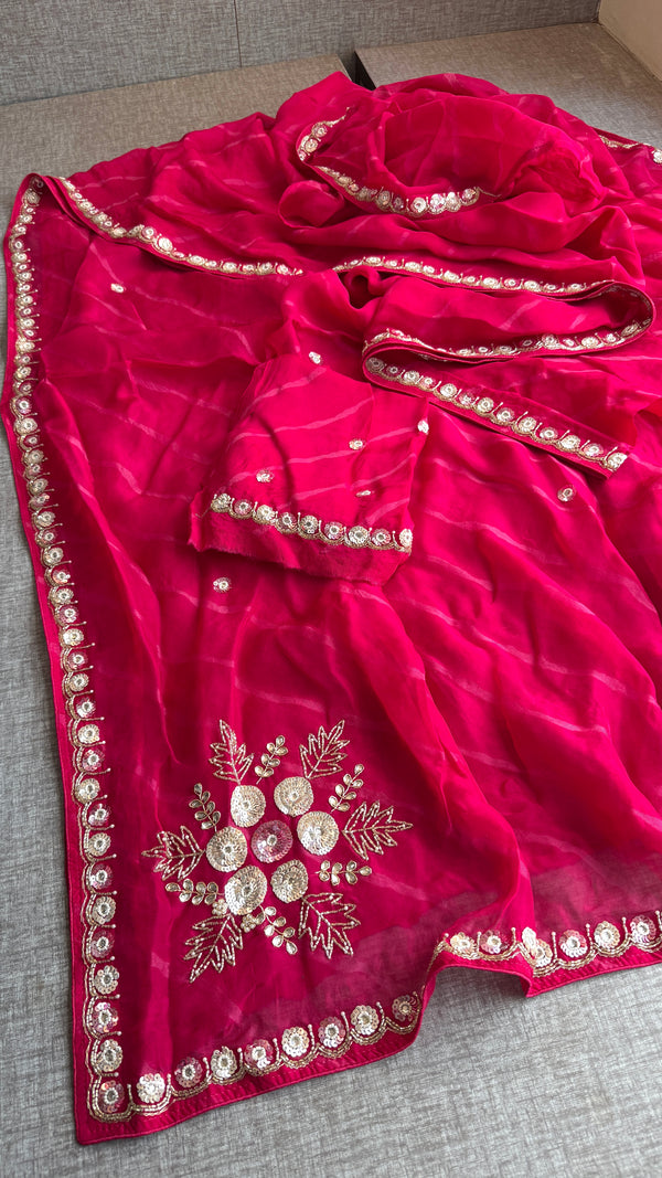 Rani Pink Leheriya Soft Organza Saree with Handcrafted Sequins & Aari Work