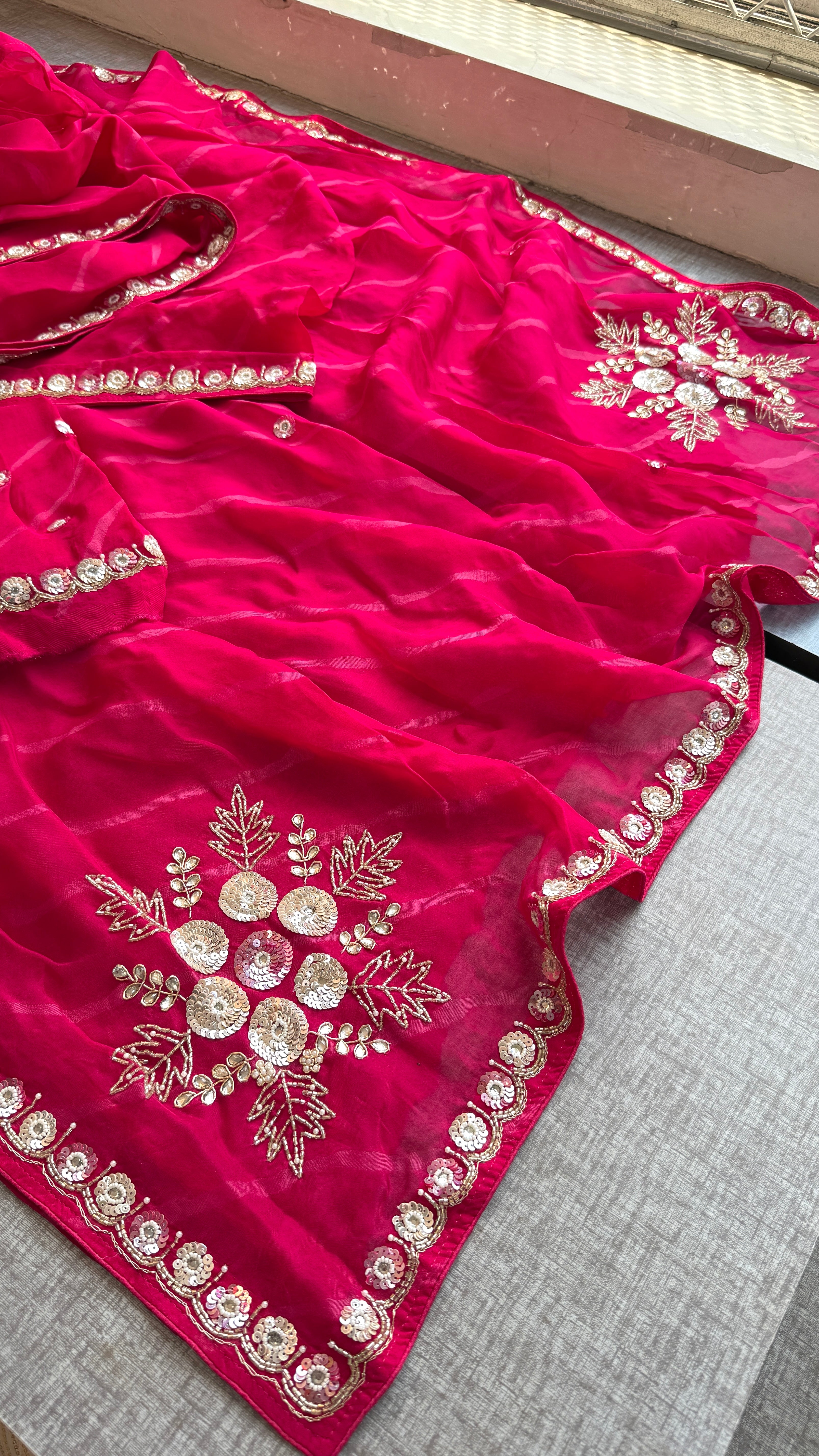 Rani Pink Leheriya Soft Organza Saree with Handcrafted Sequins & Aari Work