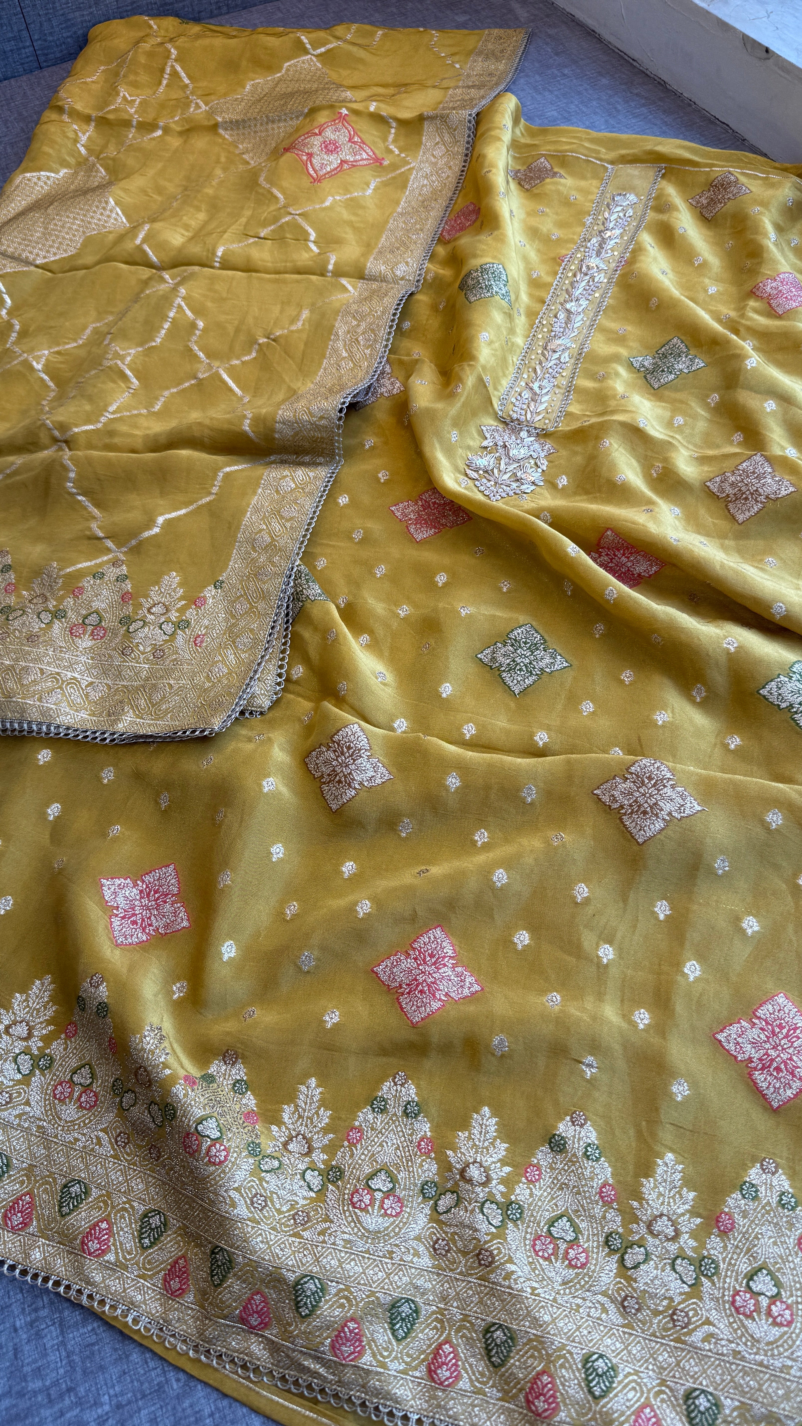 Pure Cosmo munga silk banarasi weaving suit with handwork