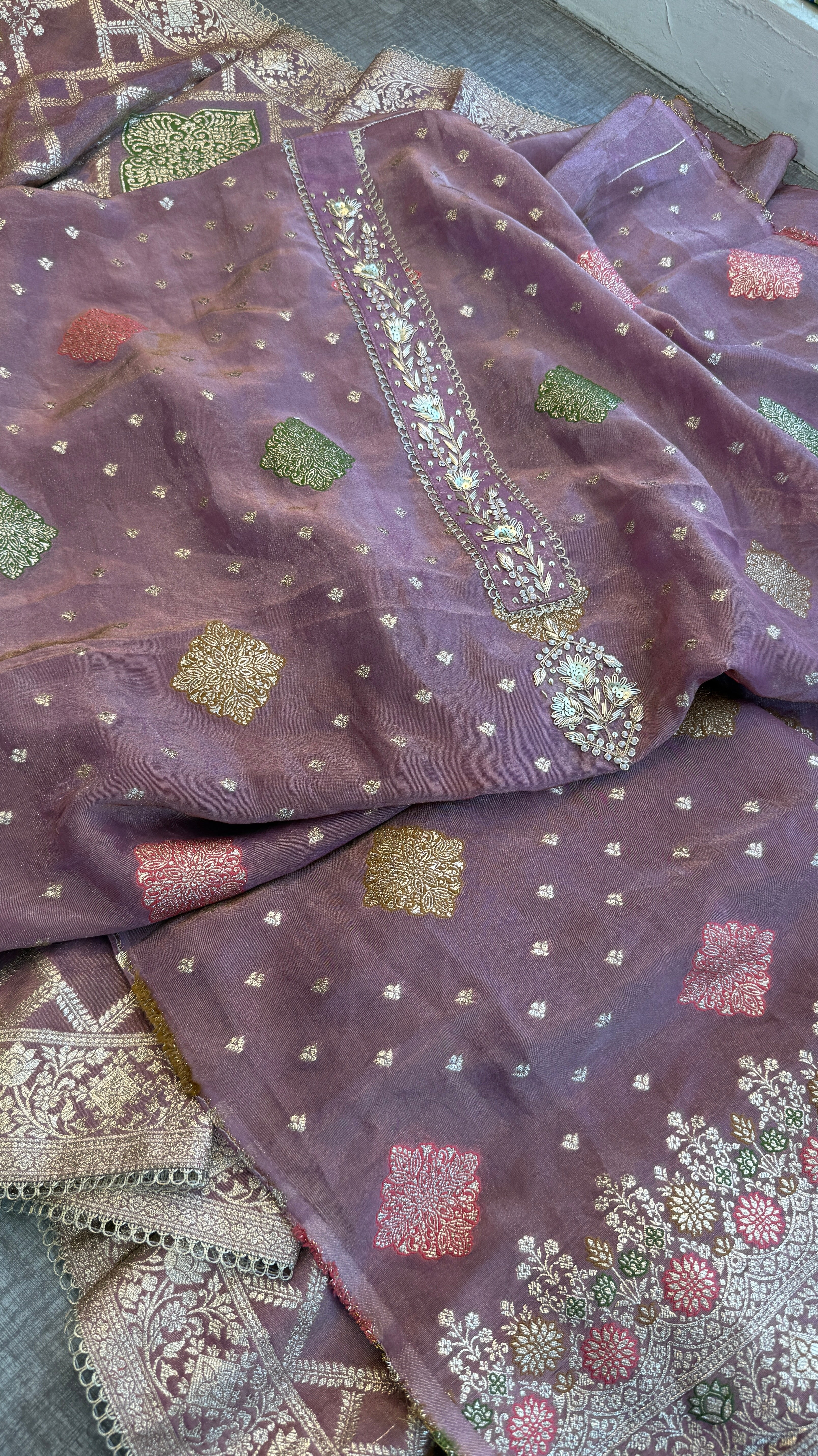 Pure Cosmo munga silk banarasi weaving suit with handwork