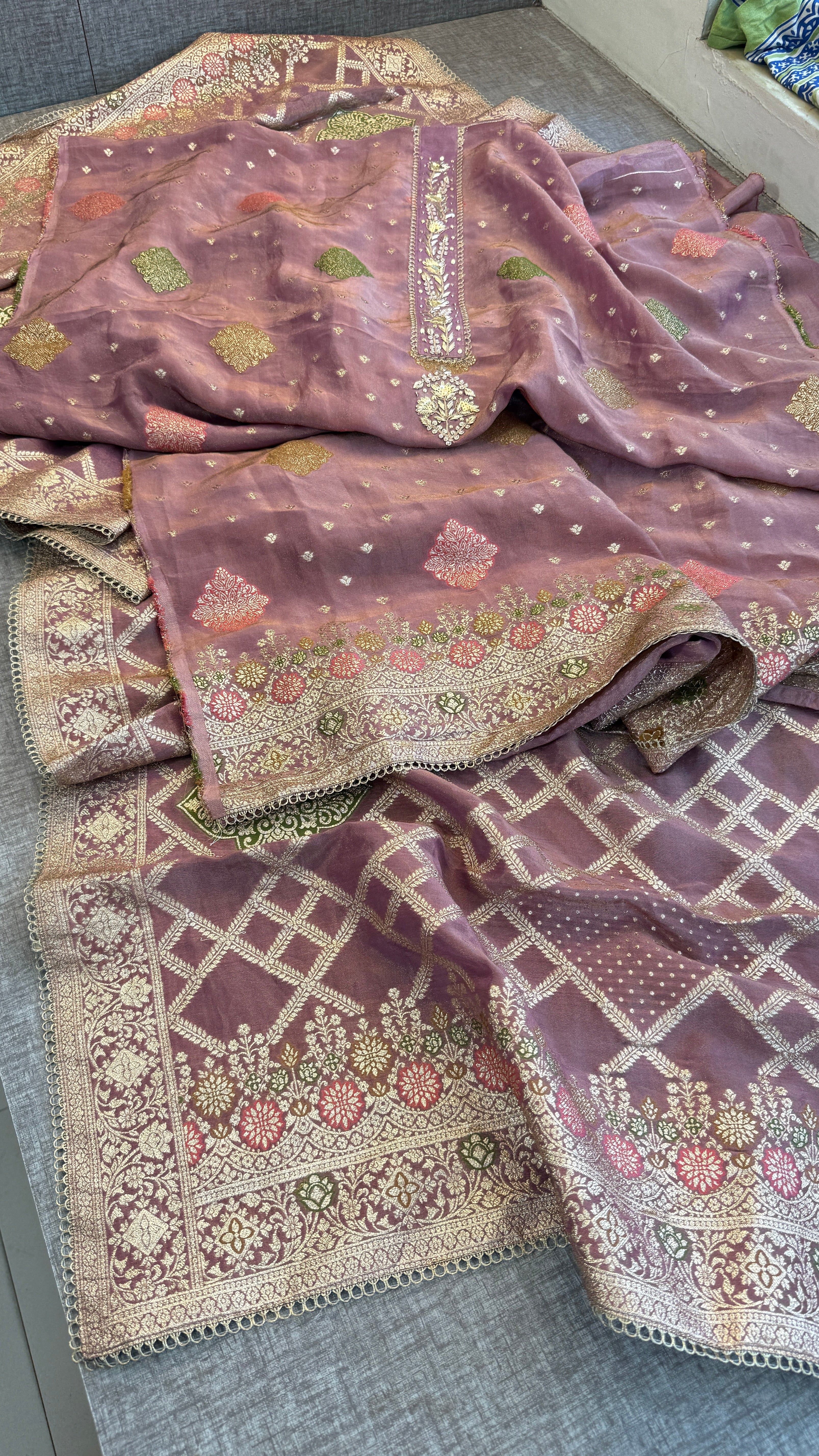 Pure Cosmo munga silk banarasi weaving suit with handwork